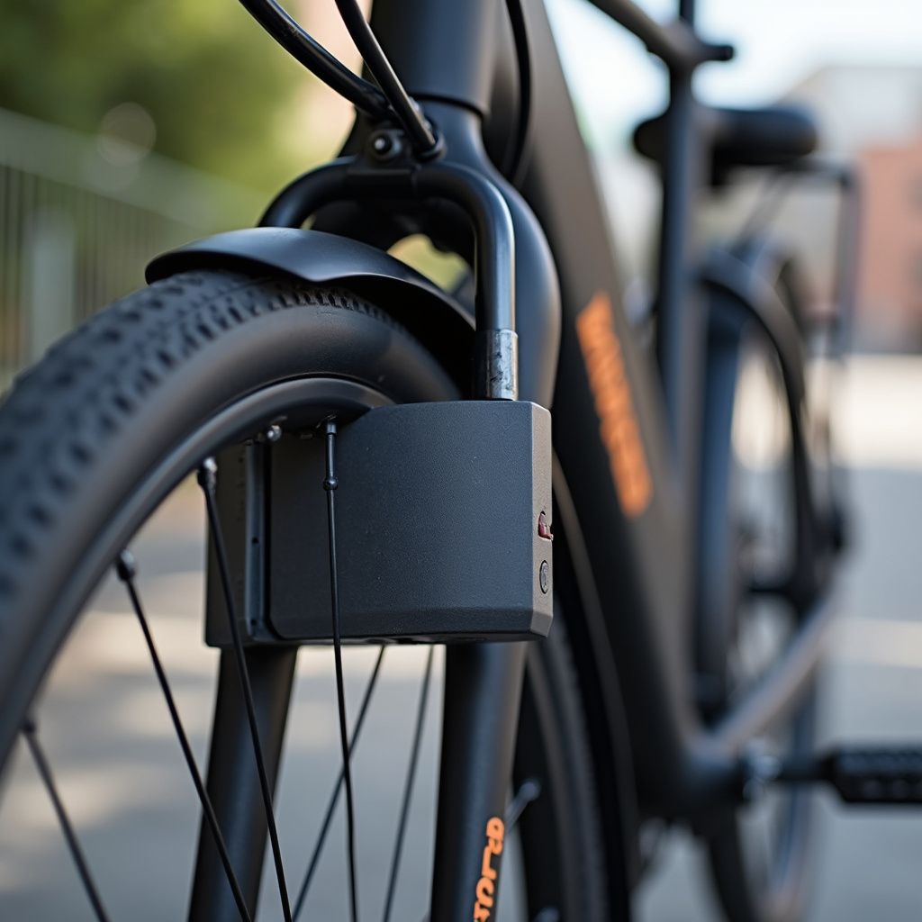 Bicicletta nera con lucchetto sulla ruota anteriore, all'aperto.