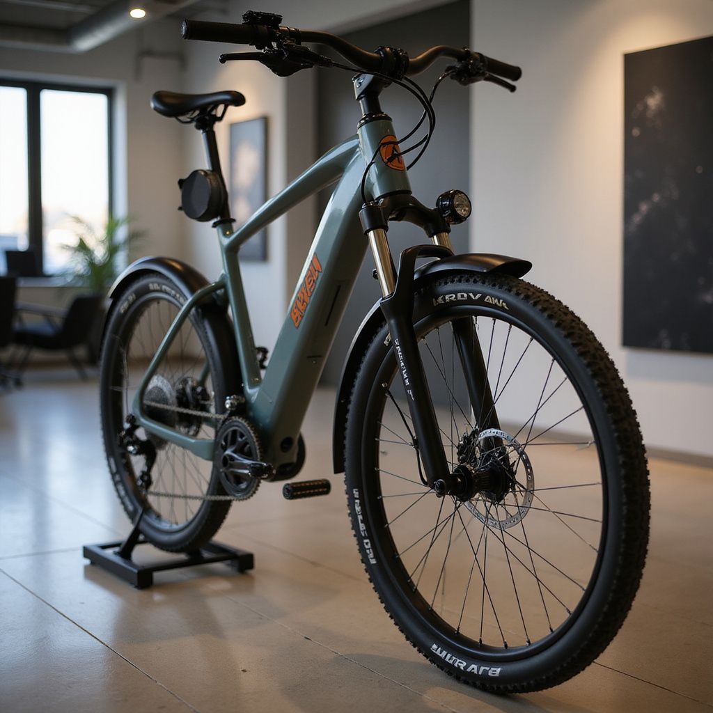 Bicicletta elettrica verde da interno, con pneumatici e accessori neri.