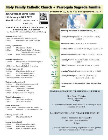 A flyer for holy family catholic church and parroquia sagrada familia