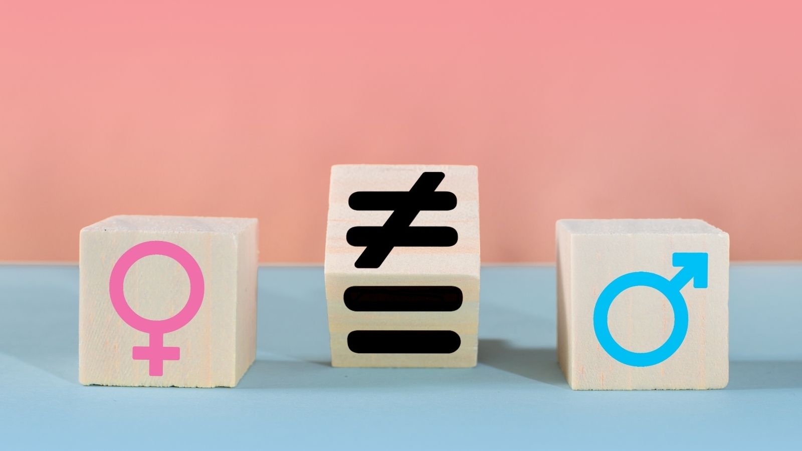 three wooden blocks with female , male and equal signs on them .