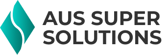 a logo for aus super solutions with a blue diamond on a white background .