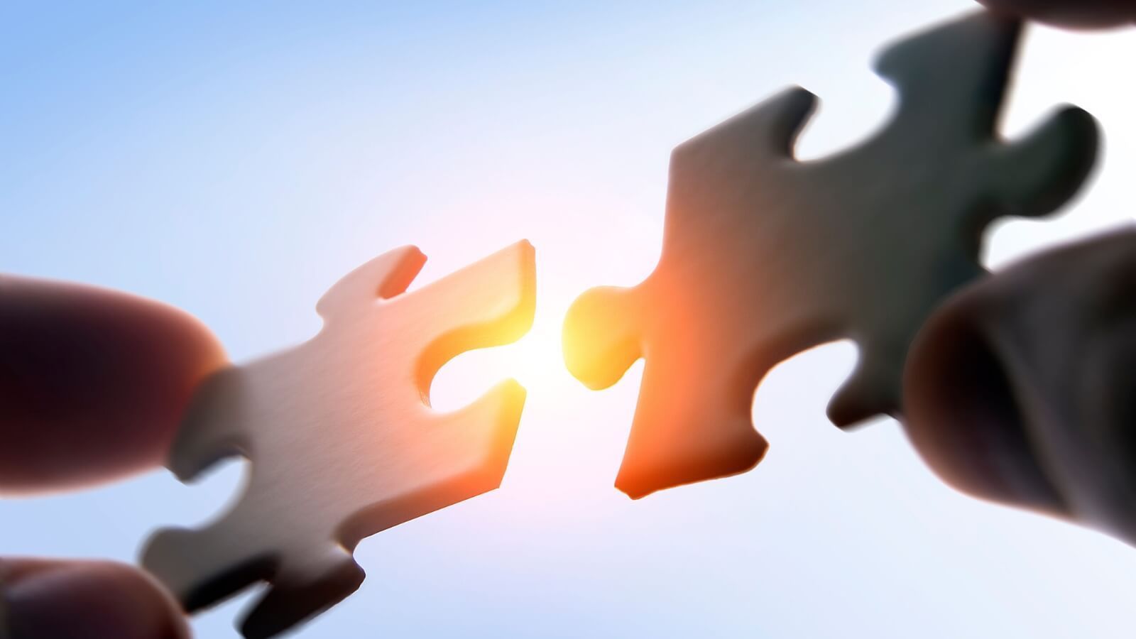a person is holding two puzzle pieces together in their hands .