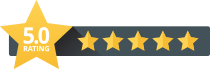 A yellow star with five stars on it that says 5.0 rating.