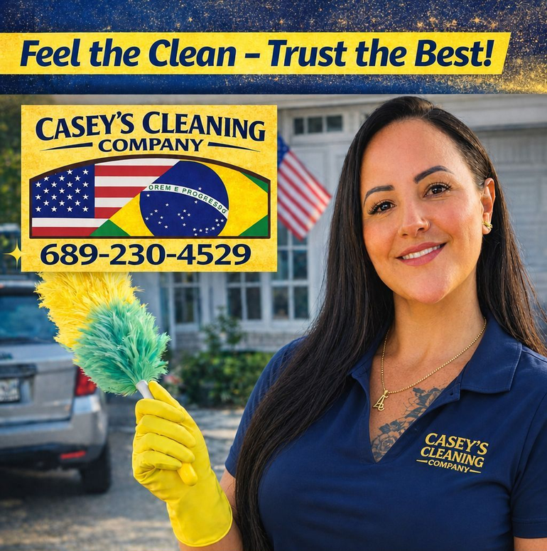 Smiling cleaner in blue apron with yellow gloves holding a bucket of cleaning supplies in a home interior. Smiling cleaner in blue apron with yellow gloves holding a bucket of cleaning supplies in a home interior.