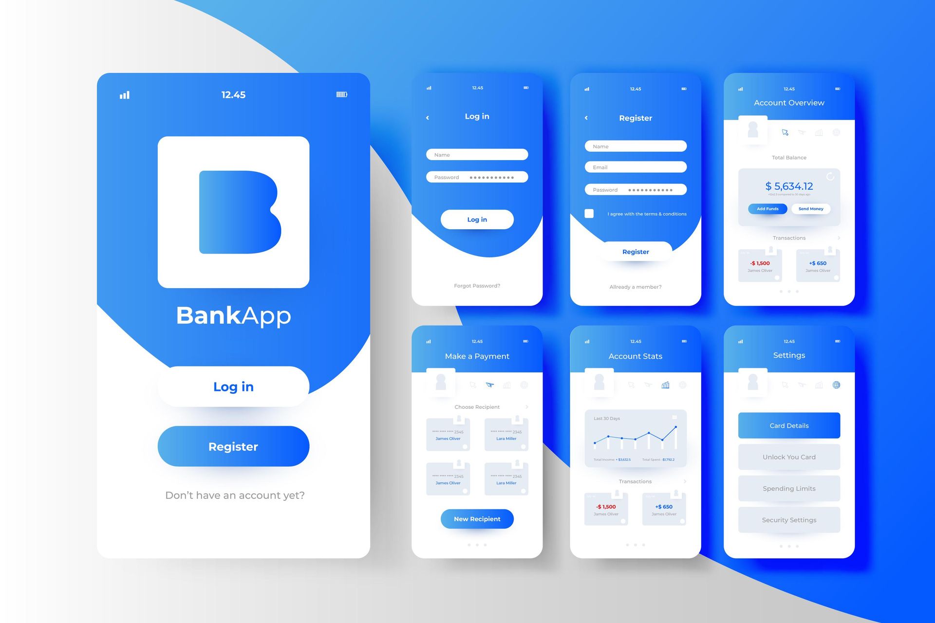 A set of ui designs for a bank app on a blue background.