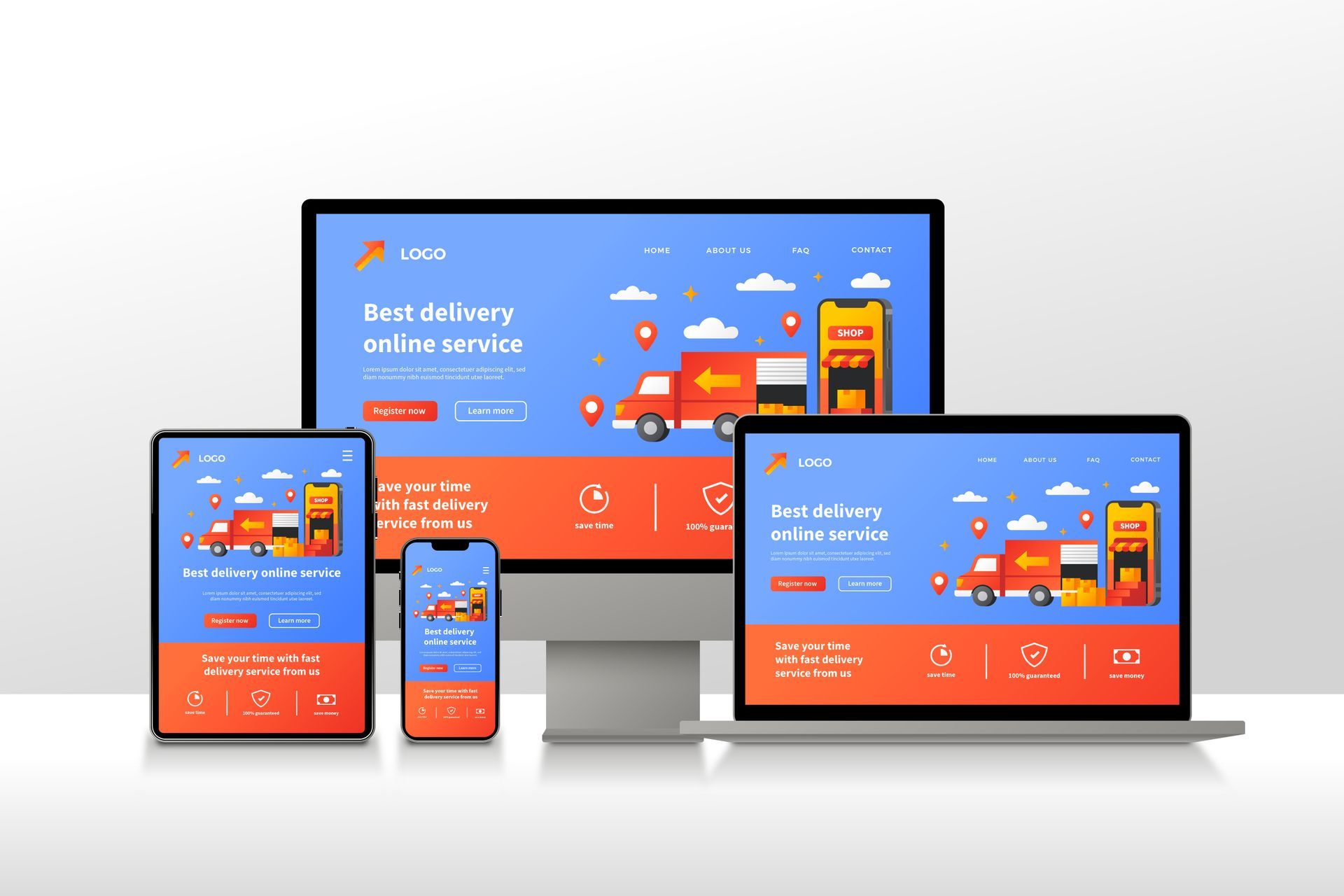 A computer , laptop , tablet , and phone are displaying a website.