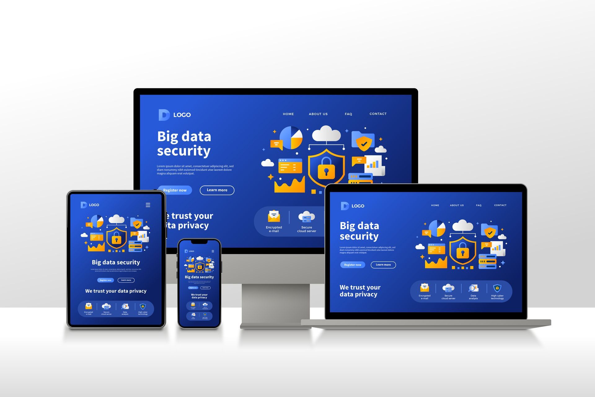 A computer , tablet , phone , and laptop are sitting next to each other on a table.