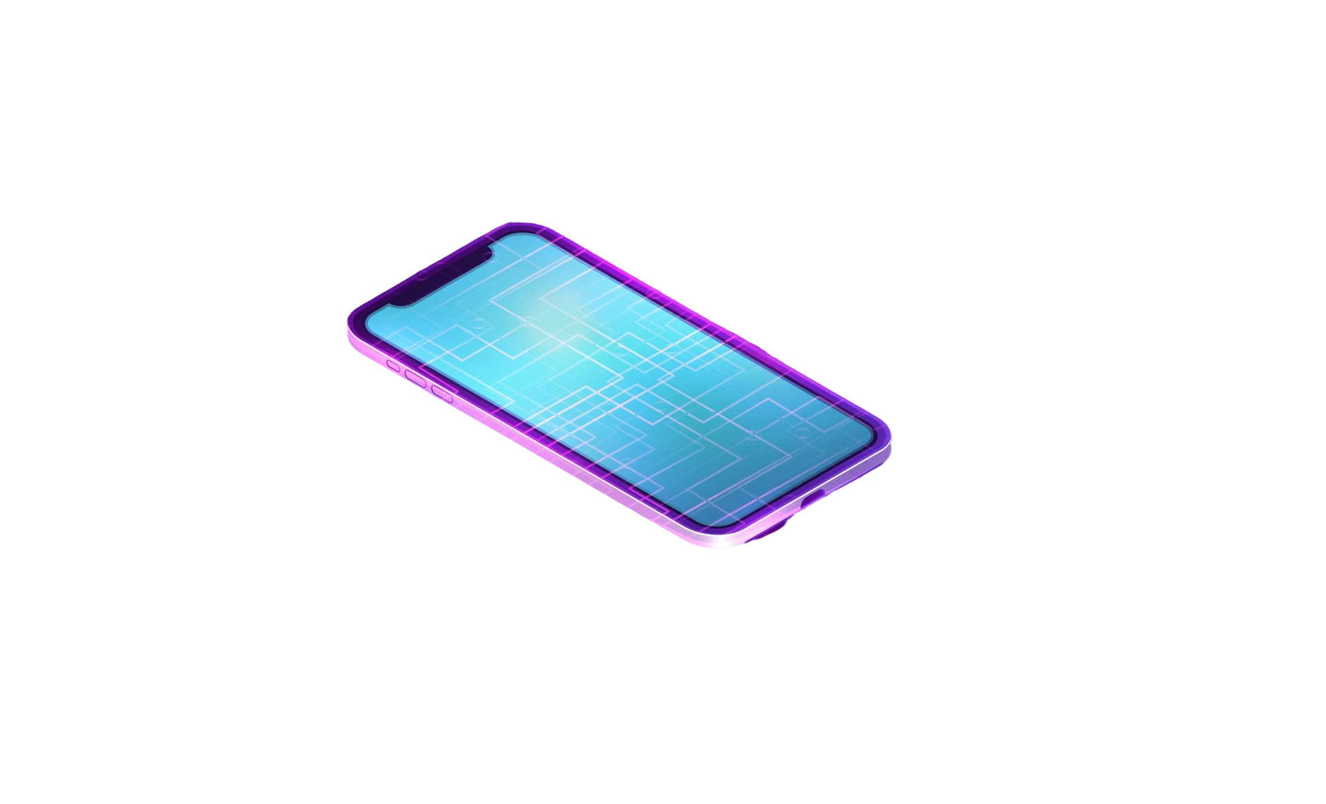 A purple cell phone with a blue screen is sitting on a white surface.