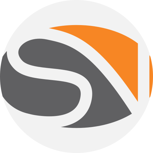 A gray and orange logo in a circle on a white background