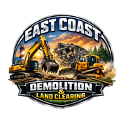 East Coast Demolition and Land Clearing logo with excavators, bulldozer, and dirt pile in warm sunset colors
