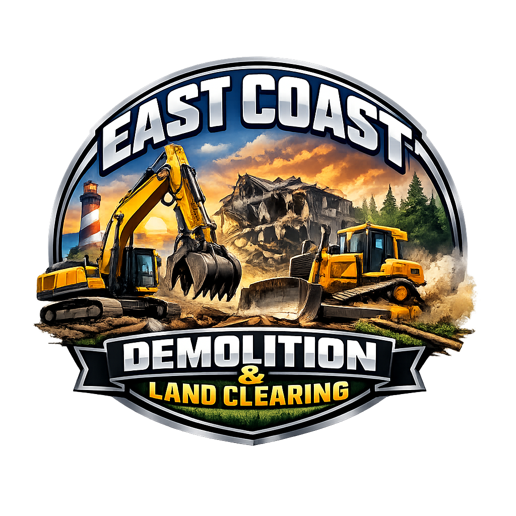East Coast Demolition and Land Clearing logo with excavators, bulldozer, and dirt pile in warm sunset colors