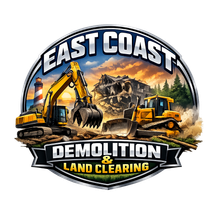 East Coast Demolition and Land Clearing logo with excavators, bulldozer, and dirt pile in warm sunset colors