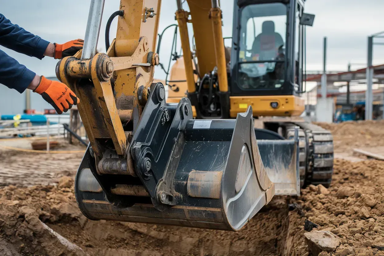 Excavator bucket digging dirt at a construction site, with a worker guiding the arm.