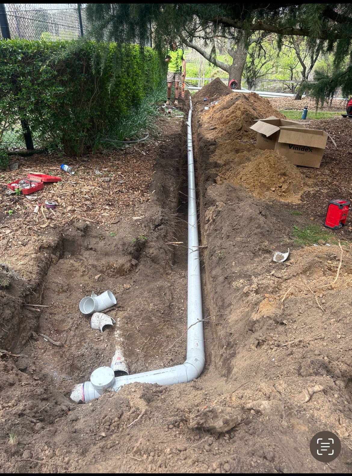 Trench in Dirt With Gray Pvc Pipe Installed — Croker Plumbing and Gas in Goulburn, NSW