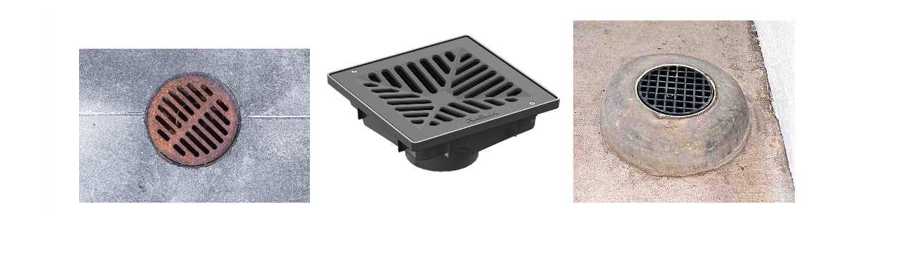 Three different drain grates: a round bronze, a square black, and a circular mesh in concrete — Croker Plumbing and Gas in Goulburn, NSW