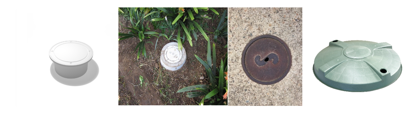 Four different utility covers, varying in color, material, and placement in the soil — Croker Plumbing and Gas in Goulburn, NSW