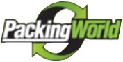 El logotipo de Packaging World es verde y blanco con una flecha verde.