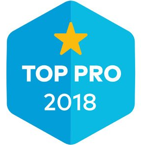 a blue badge with a yellow star that says top pro 2018