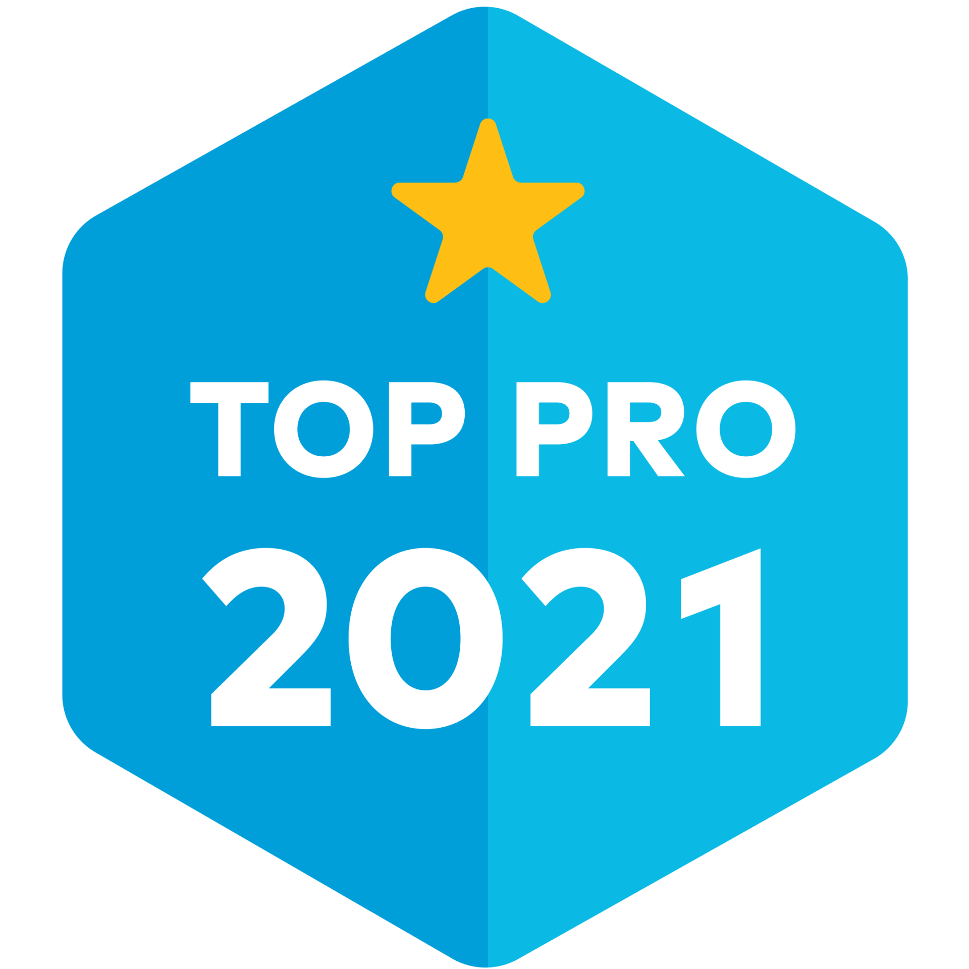 a blue hexagon with the words top pro 2021 and a yellow star on it .