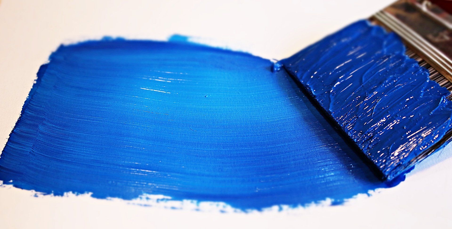 a close up of a paint brush with blue paint on a white surface .