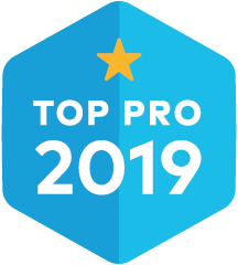 a blue badge that says top pro 2019 with a yellow star