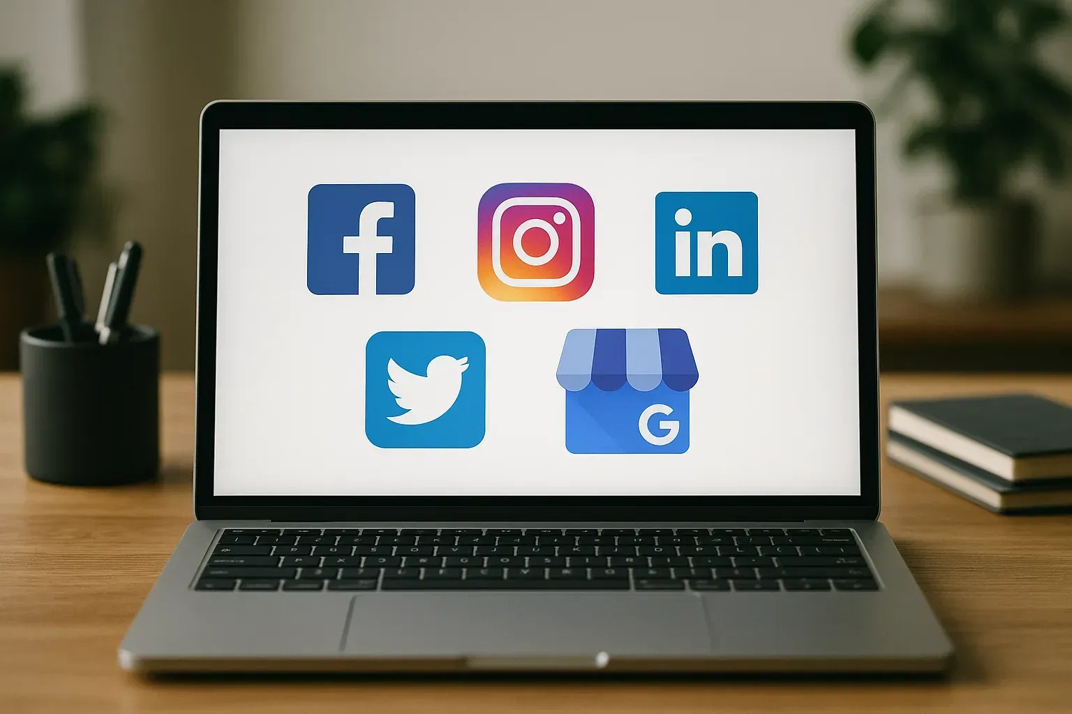 Un ordinateur portable est ouvert sur un écran avec des icônes de médias sociaux dessus.