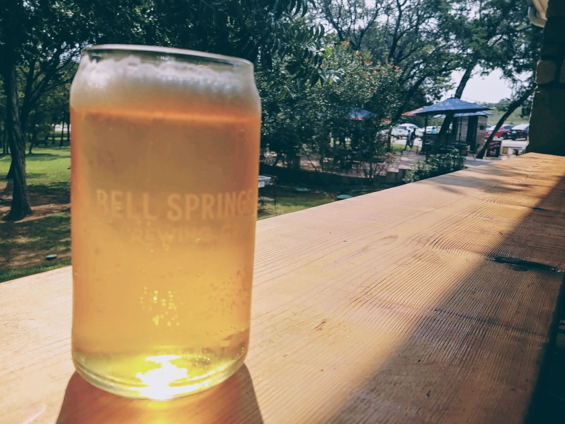 Glass of beer on a wooden ledge, outdoors with trees and a gazebo in the background.