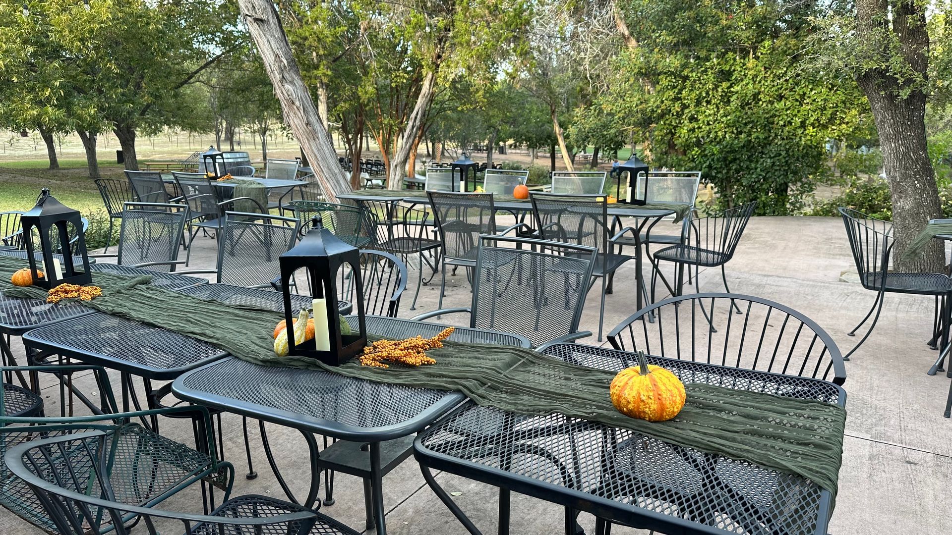 Outdoor dining tables decorated with pumpkins and lanterns, set in an orchard.