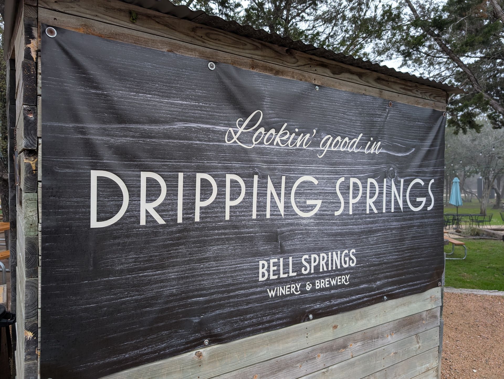 Sign on wooden structure: