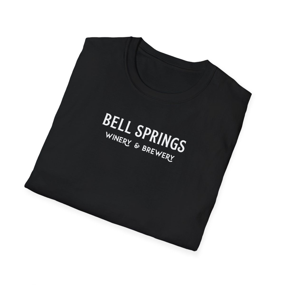 Black t-shirt folded; white text 