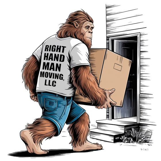 A monkey is carrying a box in front of a door.