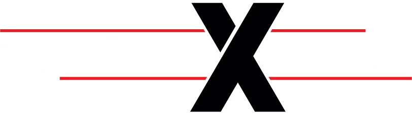 a black letter x with red lines on a white background .