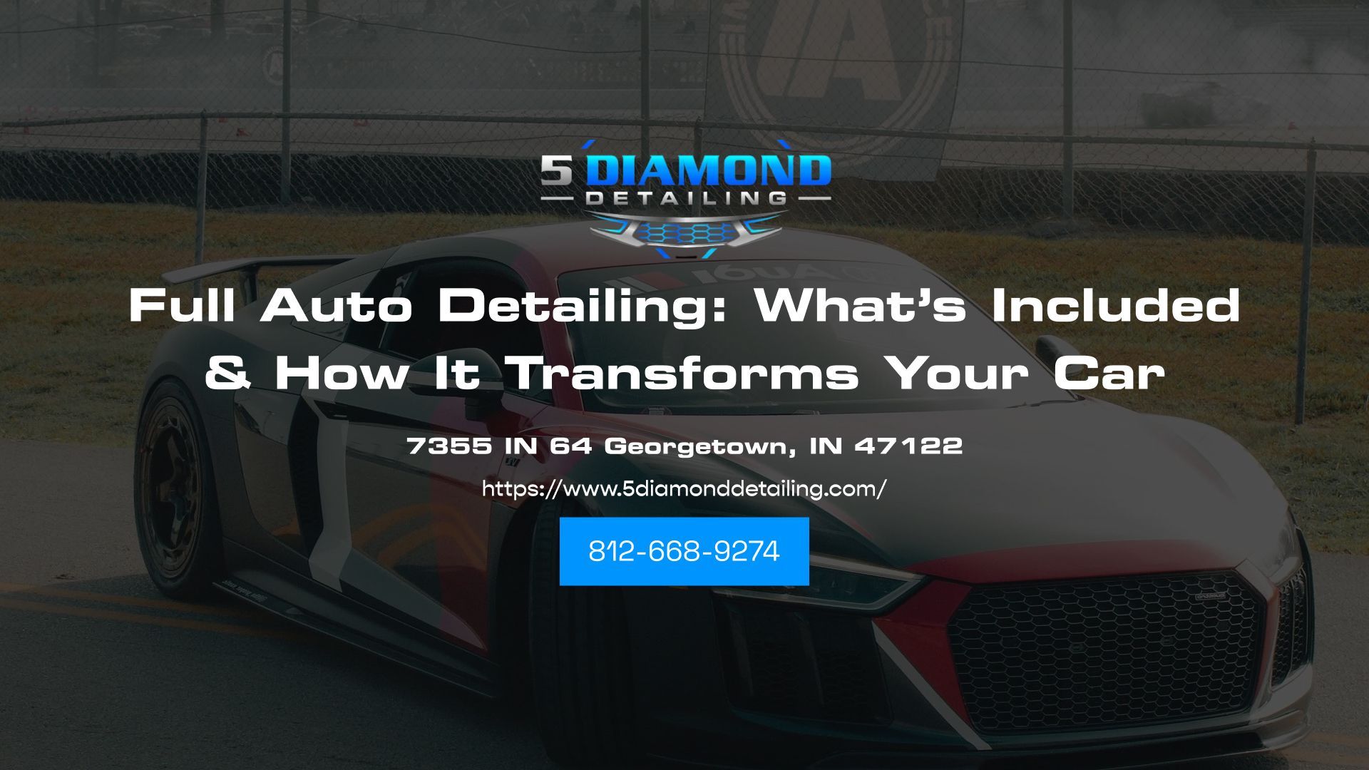 Advertisement for 5 Diamond Detailing with a sleek car. Text: