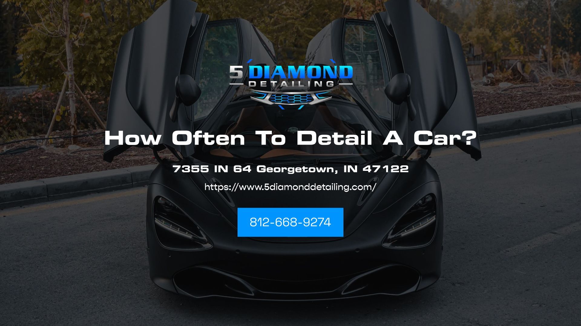 Black sports car with doors open; text: 5 Diamond Auto Detailing,