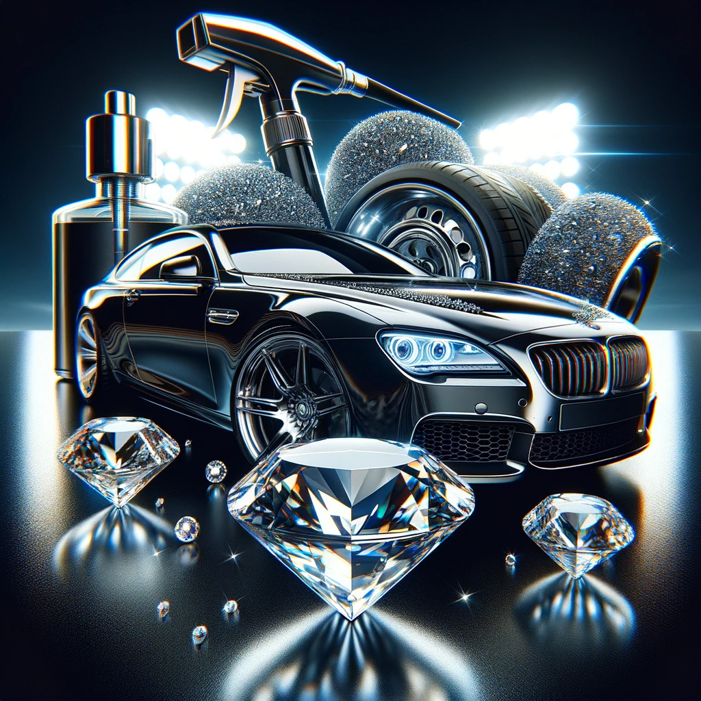 a black car is surrounded by diamonds and sponges .