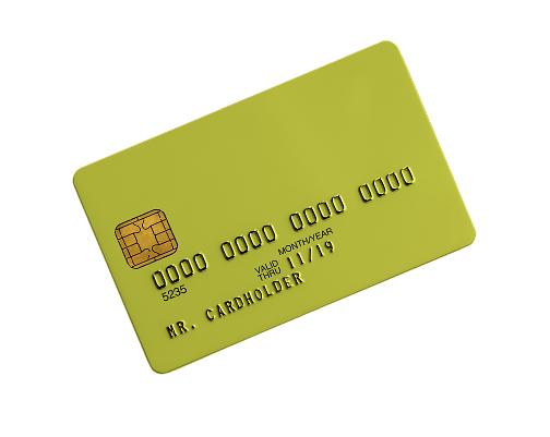 A blank, yellow-green credit card with a gold microchip and generic placeholder text on a white background | Ames Automotive STC