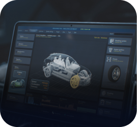 A digital car dashboard display showing a 3D wireframe model of a vehicle with one highlighted wheel and cabin occupancy | Ames Automotive STC