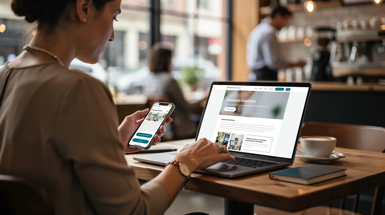 Person working on a laptop at a café table while holding a smartphone, with a coffee cup nearby.