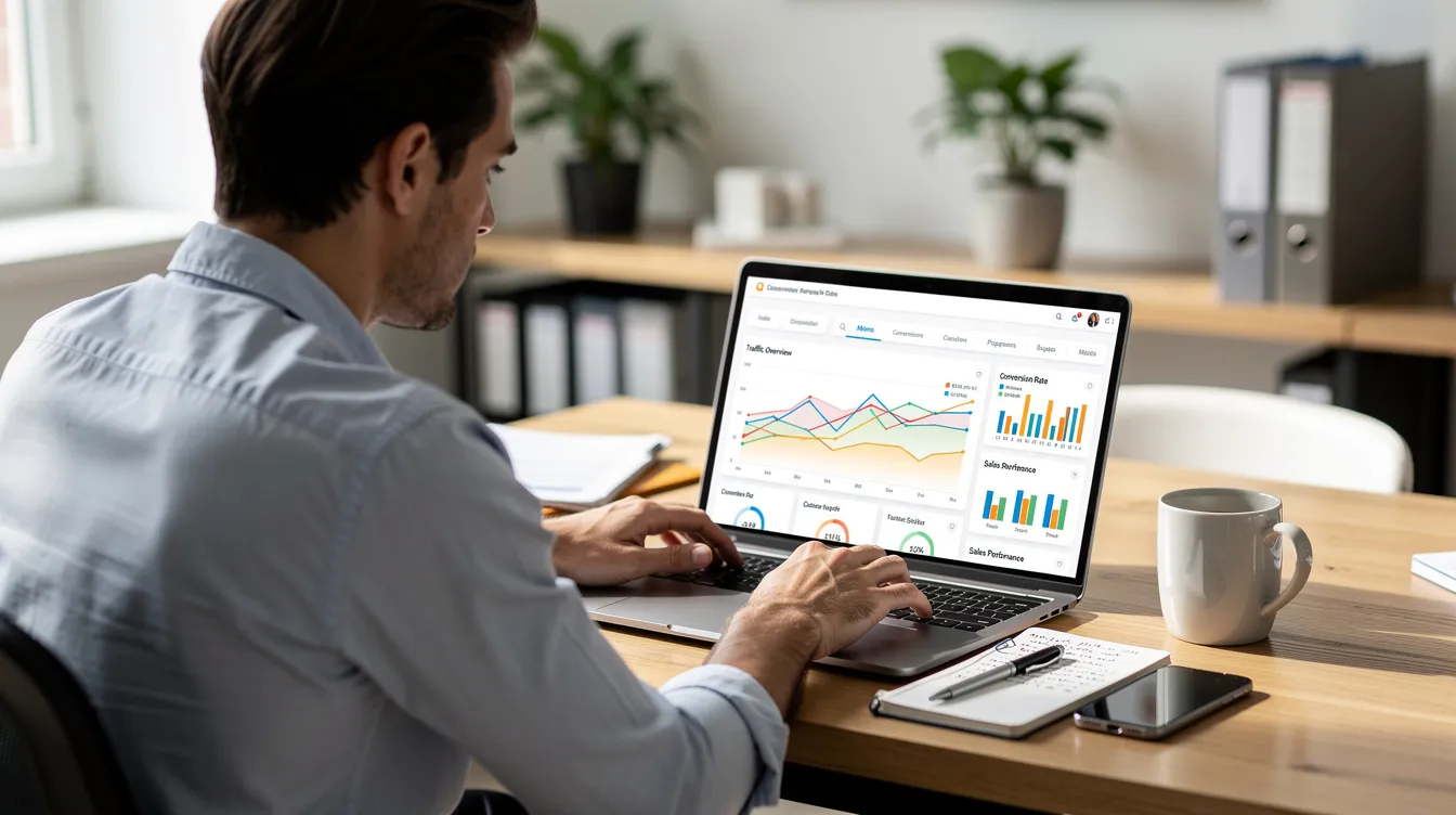 A business owner is seated at a desk, focused on their laptop displaying a website analytics dashboa