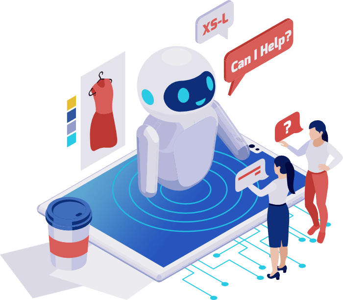 isometric illustration showing an AI robot representing a website answering questions