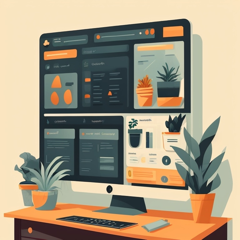 A computer monitor is on a desk with potted plants