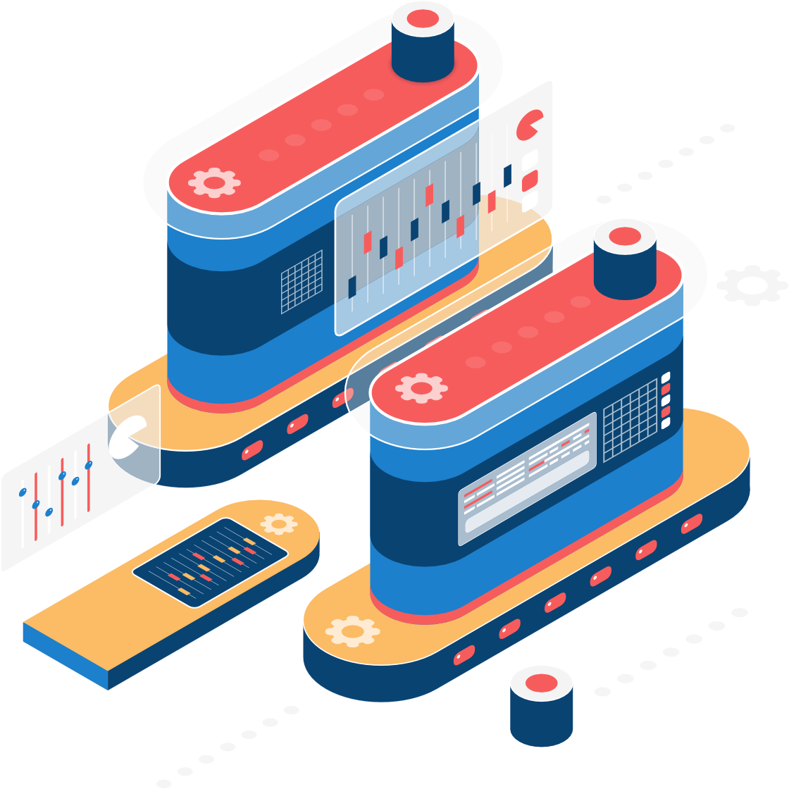 Two industrial machines with digital displays, and a handheld device, on yellow platforms.
