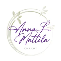 Anna L. Mattila logo. Purple script text in a circle with leaves, CNA.LMT underneath.