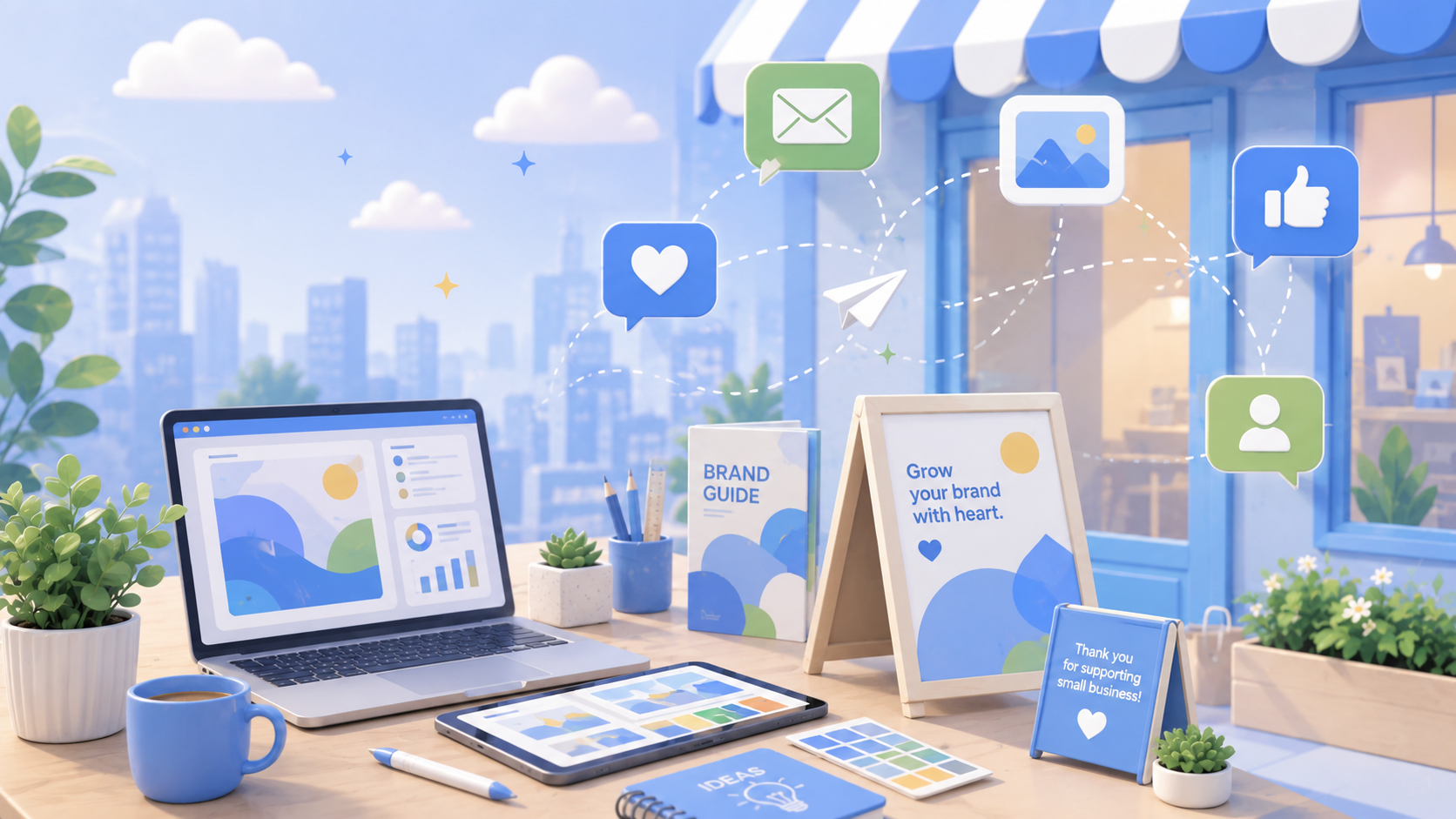 Digital marketing desk with laptop, charts, social media icons, and plants by a bright window
