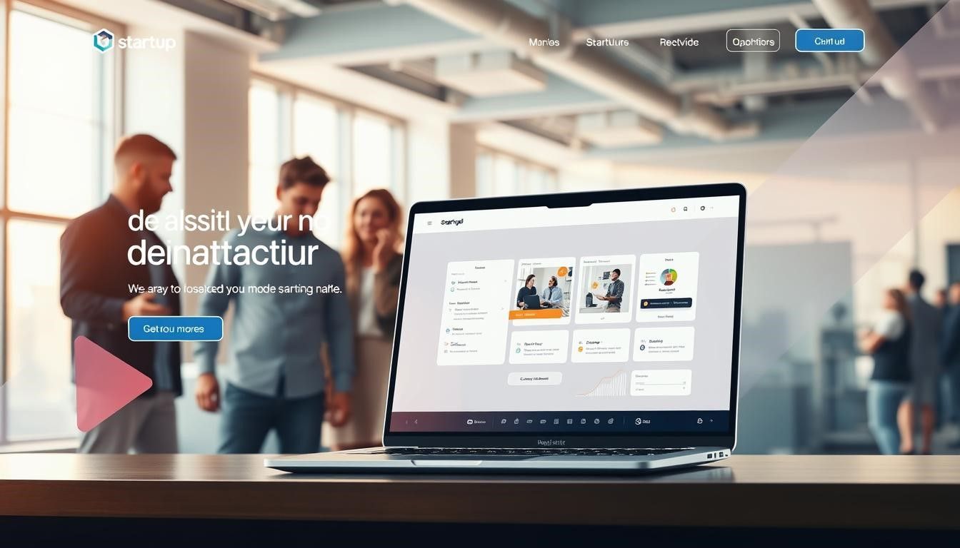 Laptop displaying a software interface with blurred office background; three people, sign-up button.