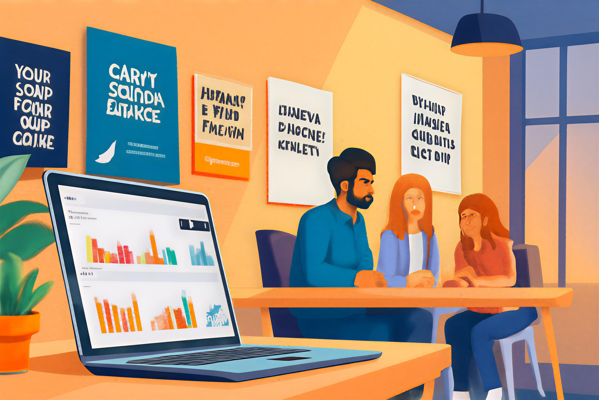 Office scene: people around a table looking at a laptop with charts. Posters hang on the wall, warm color scheme.