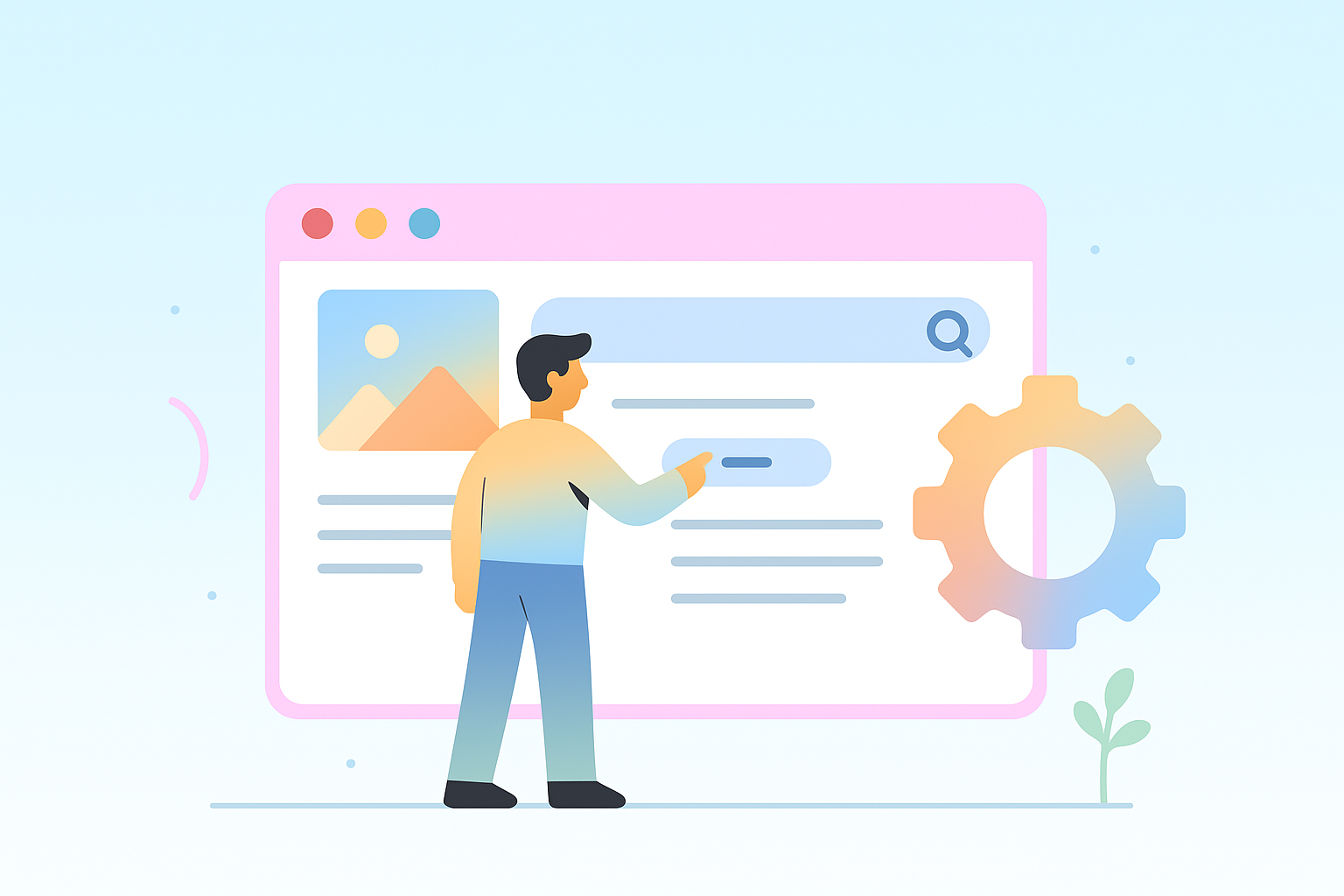 Person interacting with a webpage, tapping a button, with a gear icon and a landscape photo in the background.