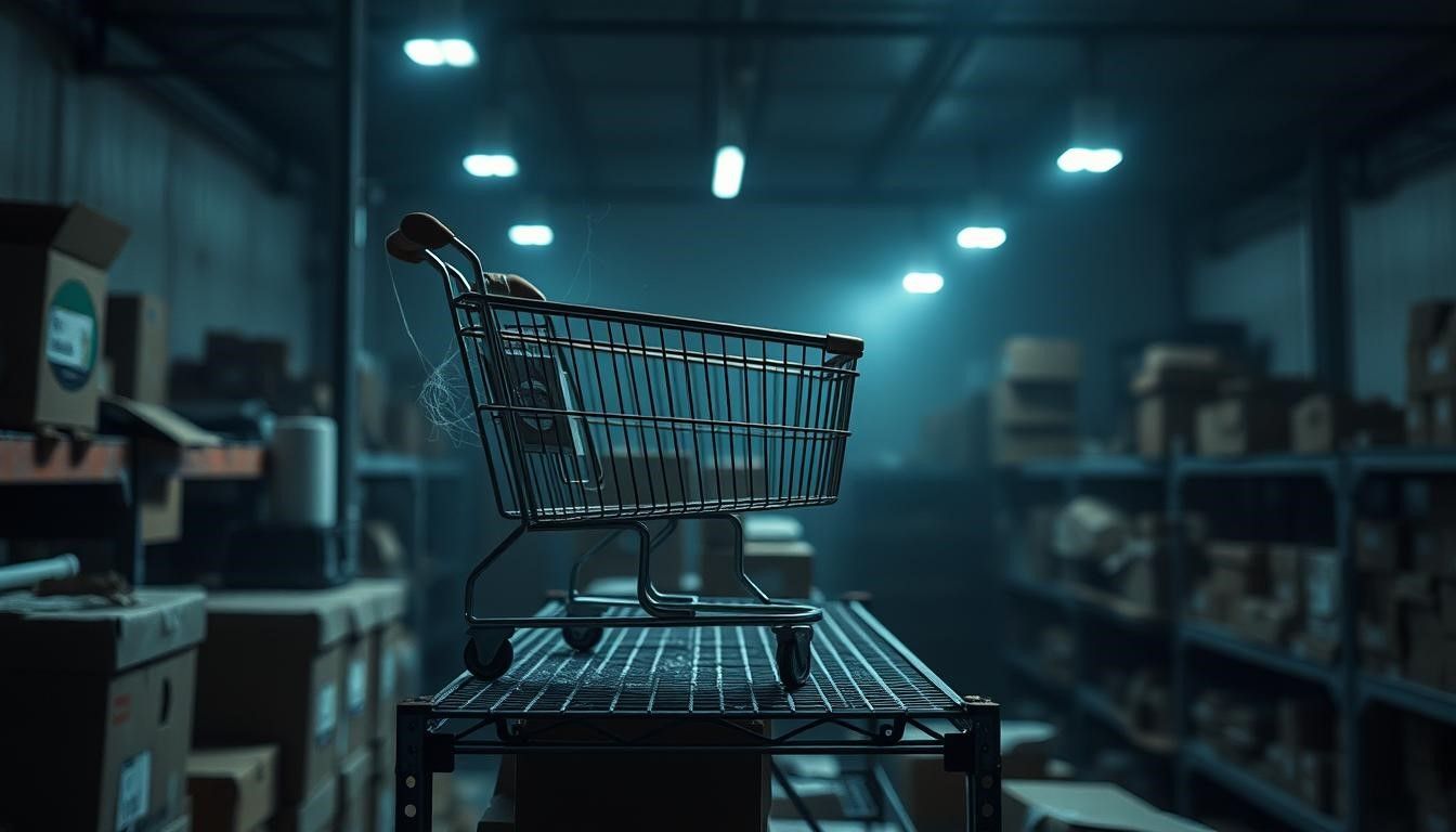 Shopping cart sits on metal shelf in a dimly lit warehouse, surrounded by boxes.