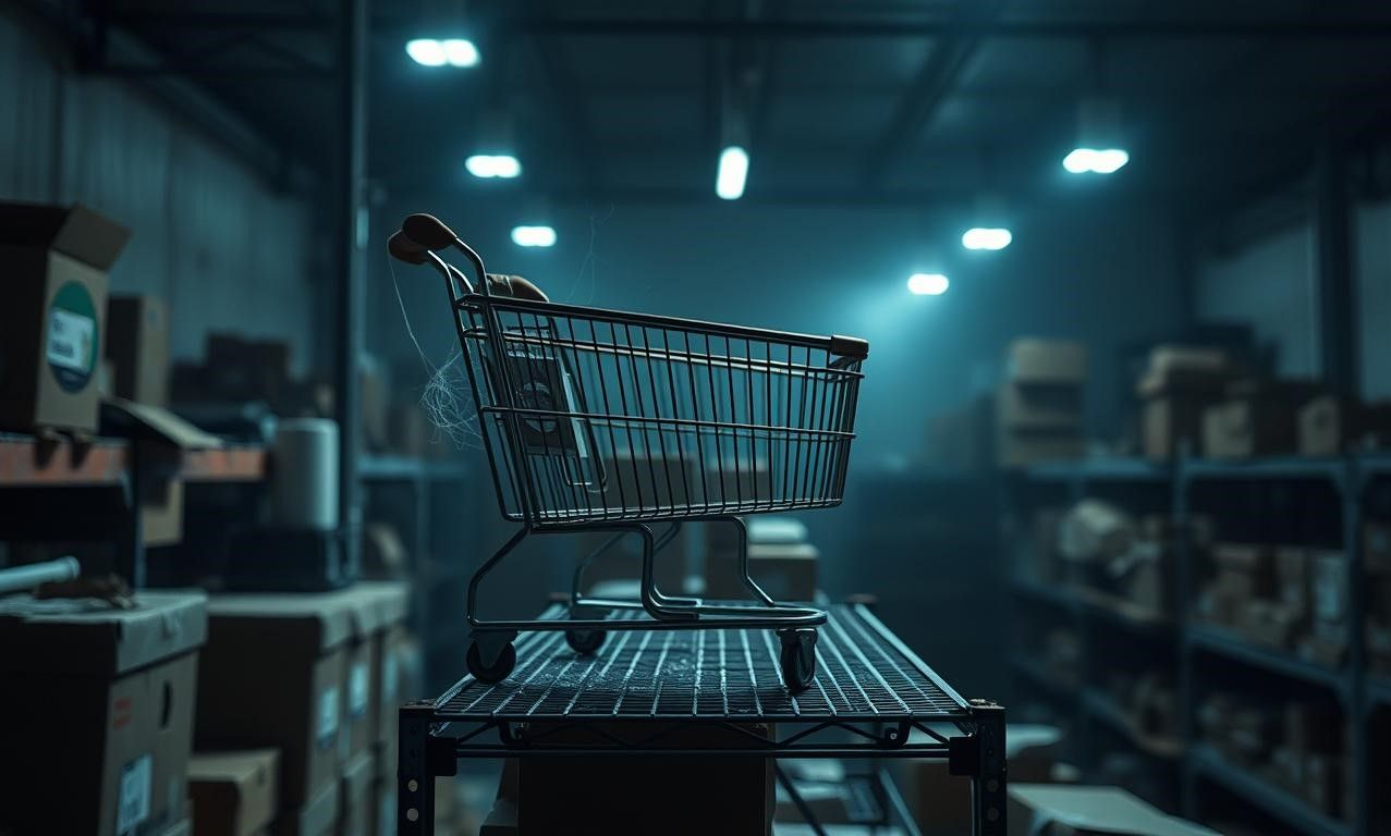 Shopping cart sits on metal shelf in a dimly lit warehouse, surrounded by boxes.