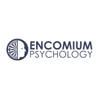 Logo for Encomium Psychology: a stylized face profile with a patterned interior next to dark blue text.